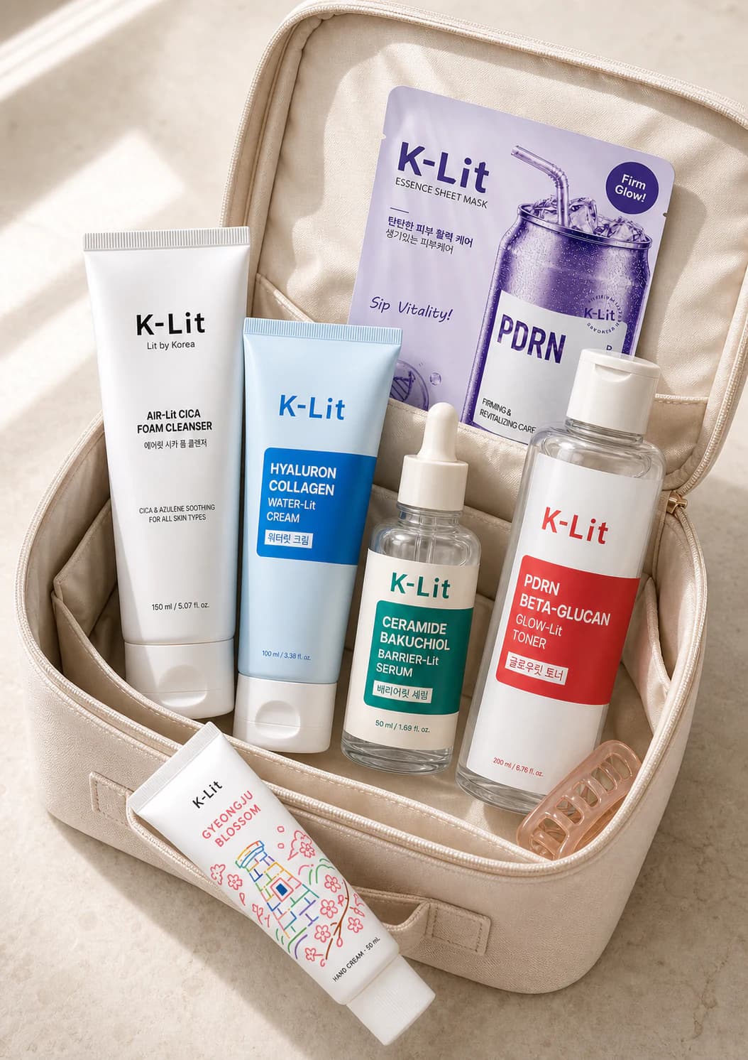 K-Lit skincare collection arranged in a travel case