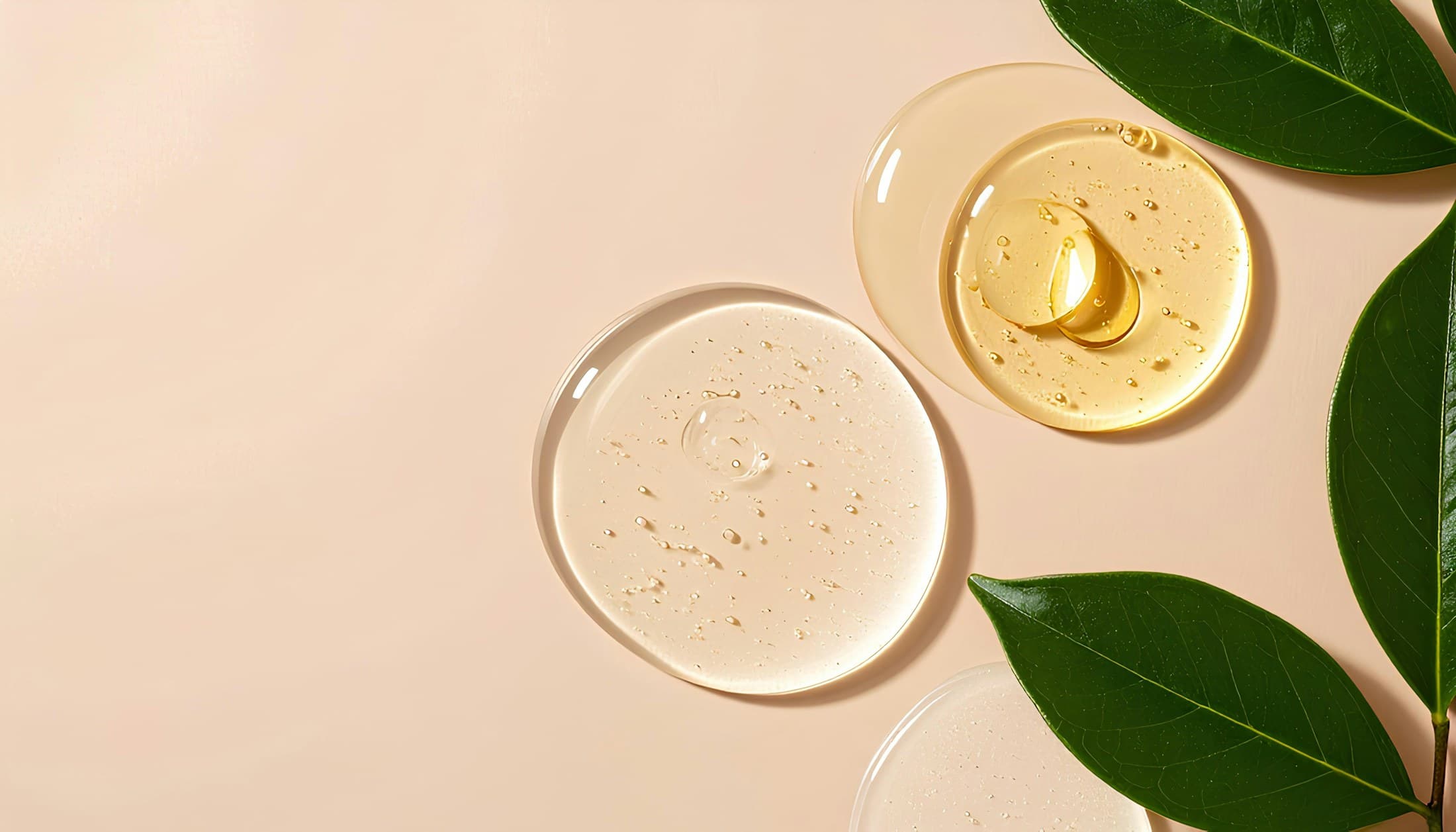Skincare serum textures and green leaves on a warm neutral background